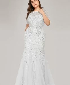 Ever-Pretty US Plus Size Floral Sequin Print Casual White Dress For Weddings