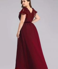 Ever-Pretty US Plus Size Ruched Bodice Formal Evening Dresses With Ruffles Sleeves