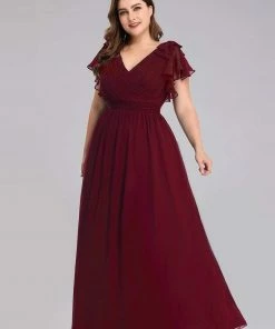 Ever-Pretty US Plus Size Ruched Bodice Formal Evening Dresses With Ruffles Sleeves