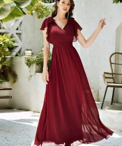 Ever-Pretty US SHOP BY OCCASION Elegant Pleated Bodice Ruffles Sleeves Chiffon Evening Dress