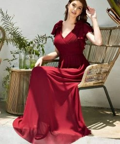 Ever-Pretty US SHOP BY OCCASION Elegant Pleated Bodice Ruffles Sleeves Chiffon Evening Dress