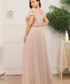 Ever-Pretty US Plus Size Ruched Bodice Formal Evening Dresses With Ruffles Sleeves