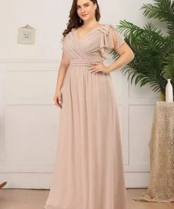 Ever-Pretty US Plus Size Ruched Bodice Formal Evening Dresses With Ruffles Sleeves