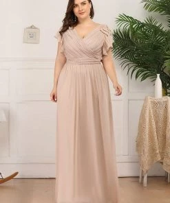 Ever-Pretty US Plus Size Ruched Bodice Formal Evening Dresses With Ruffles Sleeves