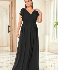 Ever-Pretty US Plus Size Ruched Bodice Formal Evening Dresses With Ruffles Sleeves