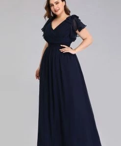 Ever-Pretty US Plus Size Ruched Bodice Formal Evening Dresses With Ruffles Sleeves