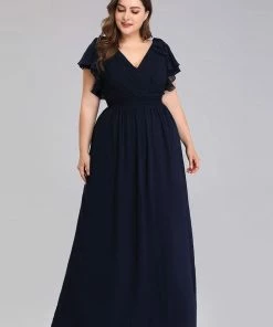Ever-Pretty US Plus Size Ruched Bodice Formal Evening Dresses With Ruffles Sleeves