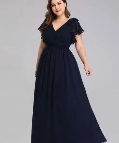 Ever-Pretty US Plus Size Ruched Bodice Formal Evening Dresses With Ruffles Sleeves