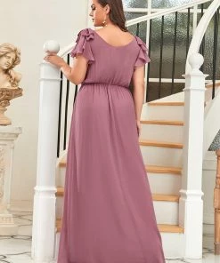 Ever-Pretty US Plus Size Ruched Bodice Formal Evening Dresses With Ruffles Sleeves