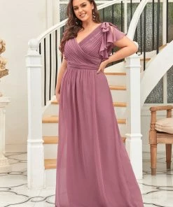 Ever-Pretty US SHOP BY OCCASION Elegant Pleated Bodice Ruffles Sleeves Chiffon Evening Dress