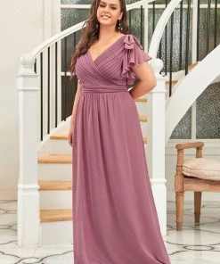 Ever-Pretty US Plus Size Ruched Bodice Formal Evening Dresses With Ruffles Sleeves