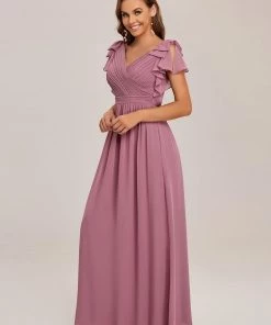 Ever-Pretty US SHOP BY OCCASION Elegant Pleated Bodice Ruffles Sleeves Chiffon Evening Dress