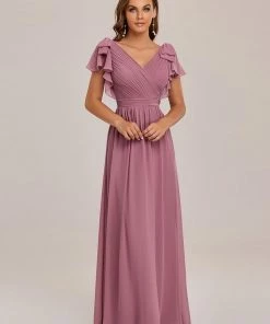 Ever-Pretty US SHOP BY OCCASION Elegant Pleated Bodice Ruffles Sleeves Chiffon Evening Dress