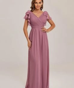 Ever-Pretty US SHOP BY OCCASION Elegant Pleated Bodice Ruffles Sleeves Chiffon Evening Dress
