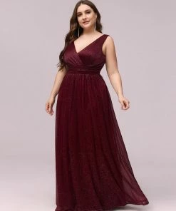 Ever-Pretty US Double V Neck Maxi Long Plus Size Sparkly Evening Dresses For Party