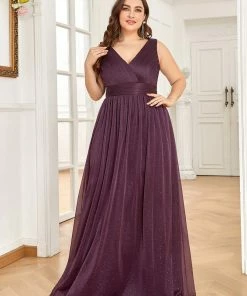 Ever-Pretty US Double V Neck Maxi Long Plus Size Sparkly Evening Dresses For Party