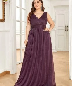Ever-Pretty US Double V Neck Maxi Long Plus Size Sparkly Evening Dresses For Party