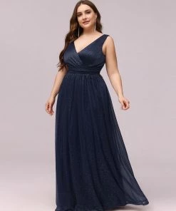 Ever-Pretty US Double V Neck Maxi Long Plus Size Sparkly Evening Dresses For Party