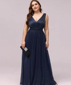 Ever-Pretty US Double V Neck Maxi Long Plus Size Sparkly Evening Dresses For Party