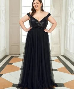Ever-Pretty US Plus Size Shiny Sequin Bodice Off The Shoulder Maxi Tulle Formal Evening Dress SHOP BY OCCASION