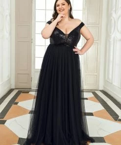Ever-Pretty US Plus Size Shiny Sequin Bodice Off The Shoulder Maxi Tulle Formal Evening Dress SHOP BY OCCASION