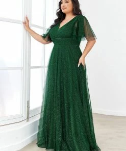 Ever-Pretty US Plus Size Romantic V Neck Tulle Evening Dress With Ruffle Sleeves SHOP BY OCCASION