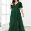 Ever-Pretty US Plus Size Romantic V Neck Tulle Evening Dress With Ruffle Sleeves SHOP BY OCCASION