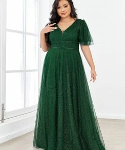 Ever-Pretty US Plus Size Romantic V Neck Tulle Evening Dress With Ruffle Sleeves SHOP BY OCCASION