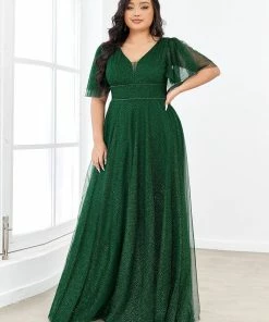 Ever-Pretty US Plus Size Romantic V Neck Tulle Evening Dress With Ruffle Sleeves SHOP BY OCCASION