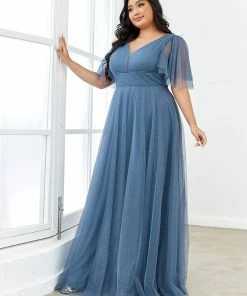 Ever-Pretty US Plus Size Romantic V Neck Tulle Evening Dress With Ruffle Sleeves SHOP BY OCCASION