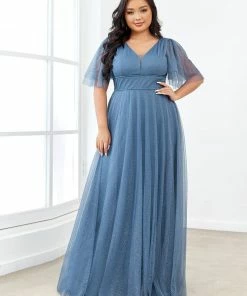 Ever-Pretty US Plus Size Romantic V Neck Tulle Evening Dress With Ruffle Sleeves SHOP BY OCCASION