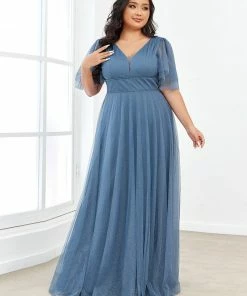 Ever-Pretty US Plus Size Romantic V Neck Tulle Evening Dress With Ruffle Sleeves SHOP BY OCCASION