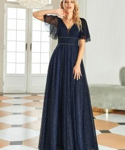 Ever-Pretty US Romantic V Neck Tulle Evening Dress With Ruffle Sleeves