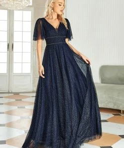 Ever-Pretty US Romantic V Neck Tulle Evening Dress With Ruffle Sleeves
