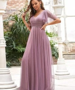 Ever-Pretty US Romantic V Neck Tulle Evening Dress With Ruffle Sleeves