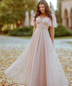 Ever-Pretty US Romantic V Neck Tulle Evening Dress With Ruffle Sleeves