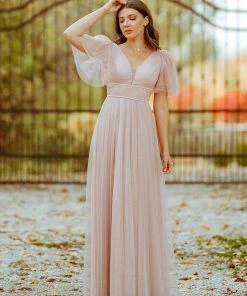 Ever-Pretty US Romantic V Neck Tulle Evening Dress With Ruffle Sleeves