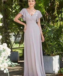 Ever-Pretty US SHOP BY OCCASION Short Ruffle Sleeve V-Neck Pleated Chiffon A-Line Evening Dress