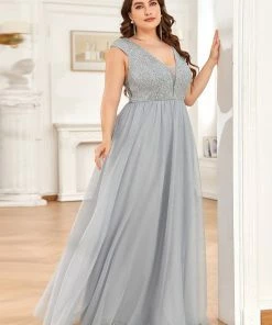 Ever-Pretty US SHOP BY OCCASION Plus Size Sequin Illusion Plunging V-Neckline Sleeveless A-Line Tulle Evening Dress
