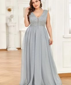 Ever-Pretty US SHOP BY OCCASION Plus Size Sequin Illusion Plunging V-Neckline Sleeveless A-Line Tulle Evening Dress