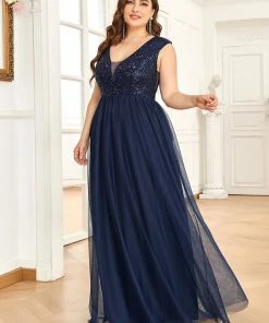Ever-Pretty US SHOP BY OCCASION Plus Size Sequin Illusion Plunging V-Neckline Sleeveless A-Line Tulle Evening Dress