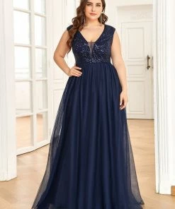 Ever-Pretty US SHOP BY OCCASION Plus Size Sequin Illusion Plunging V-Neckline Sleeveless A-Line Tulle Evening Dress