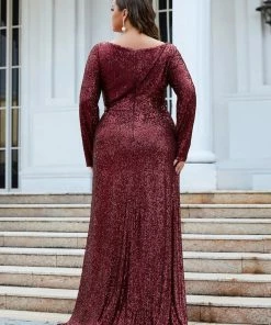 Ever-Pretty US SHOP BY OCCASION Plus Size Sequin V-Neck Long Sleeve High Slit Bodycon Evening Dress