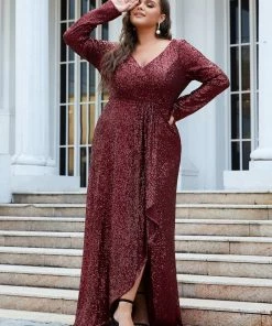 Ever-Pretty US SHOP BY OCCASION Plus Size Sequin V-Neck Long Sleeve High Slit Bodycon Evening Dress