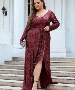 Ever-Pretty US SHOP BY OCCASION Plus Size Sequin V-Neck Long Sleeve High Slit Bodycon Evening Dress