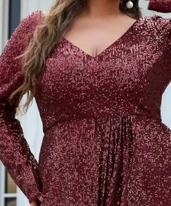Ever-Pretty US SHOP BY OCCASION Plus Size Sequin V-Neck Long Sleeve High Slit Bodycon Evening Dress