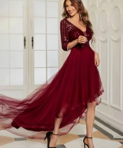 Ever-Pretty US 3/4 Sleeve Sheer Sequin Stripe High Low Hem Evening Dress