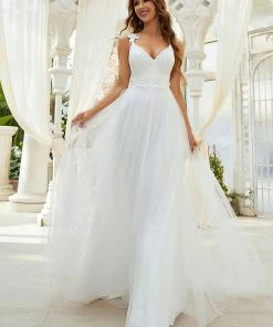 Ever-Pretty US Custom Size Elegant V Neck Lace A-Line Backless Tulle Wedding Dress