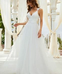Ever-Pretty US Custom Size Elegant V Neck Lace A-Line Backless Tulle Wedding Dress