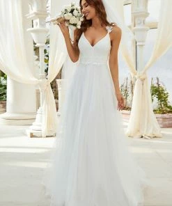 Ever-Pretty US Custom Size Elegant V Neck Lace A-Line Backless Tulle Wedding Dress
